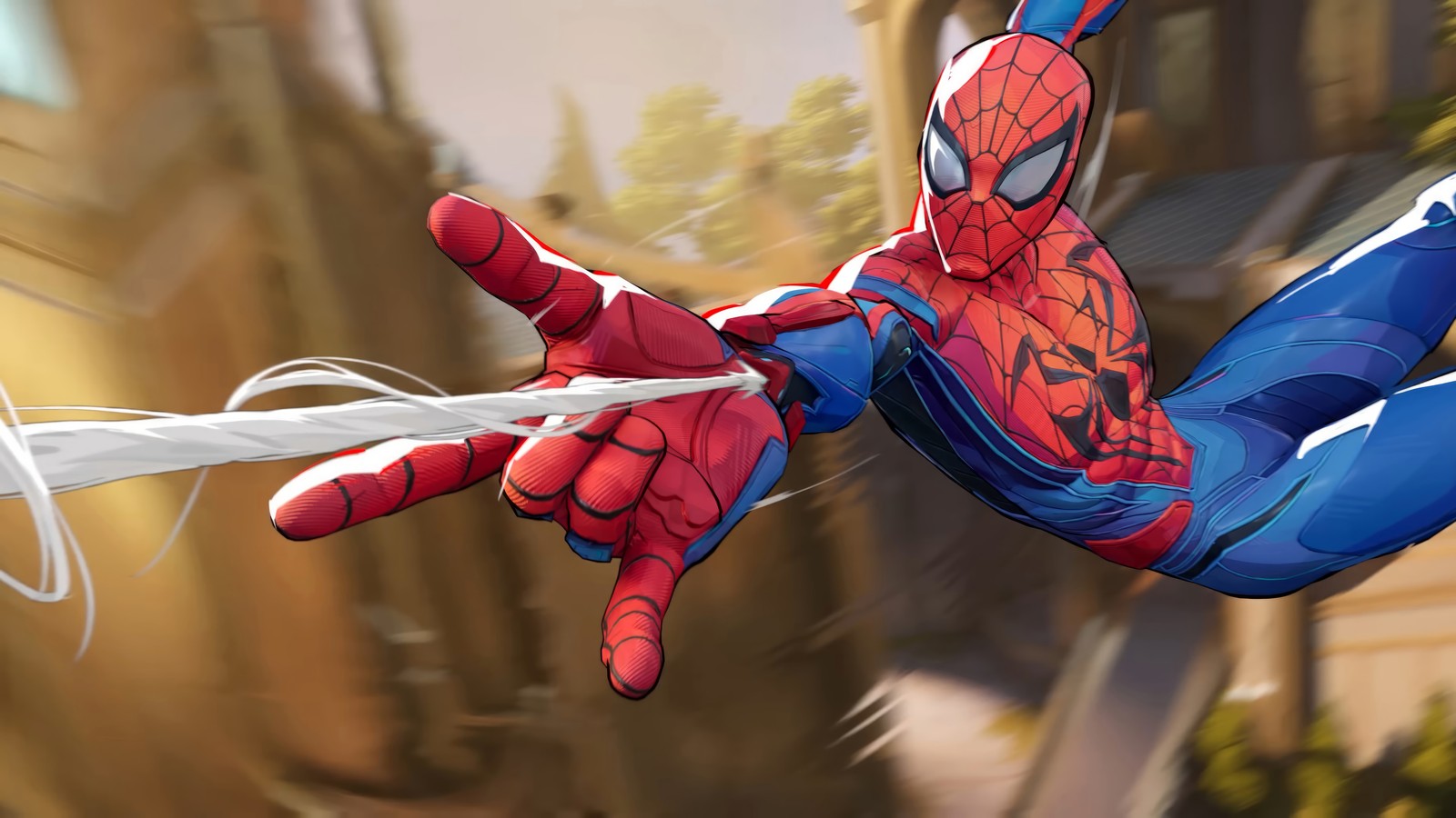 Spider - man in a blue suit is swinging a white rope (spider man, marvel rivals, video game, marvel)