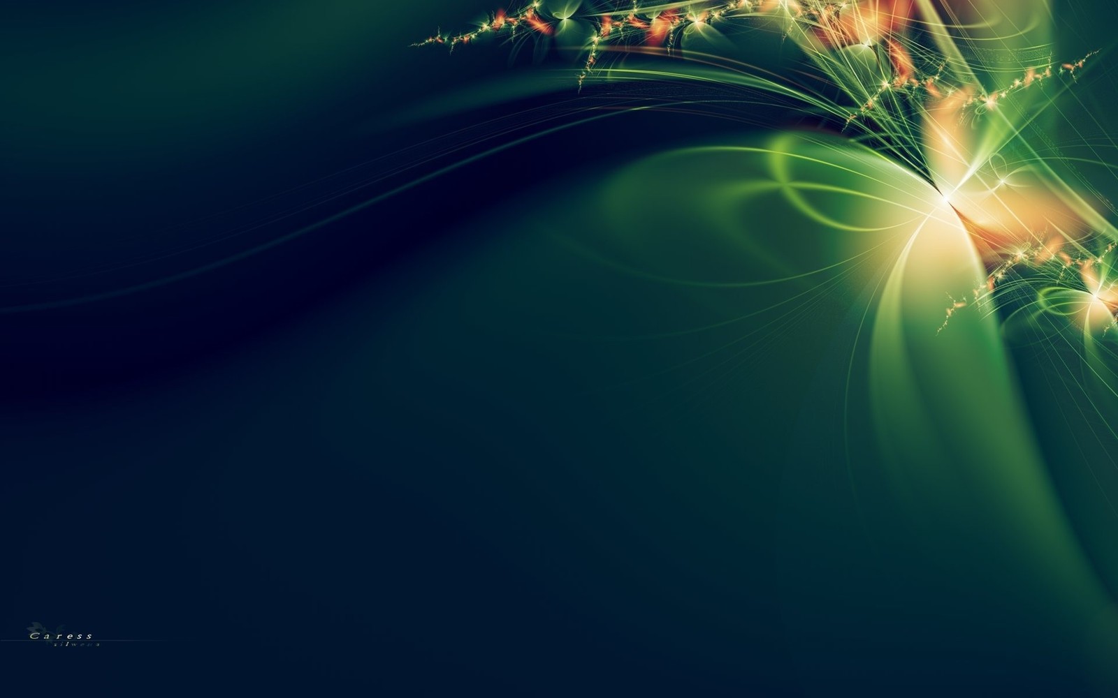 Abstract green background with a glowing flower and a butterfly (green, line, graphic design, space)