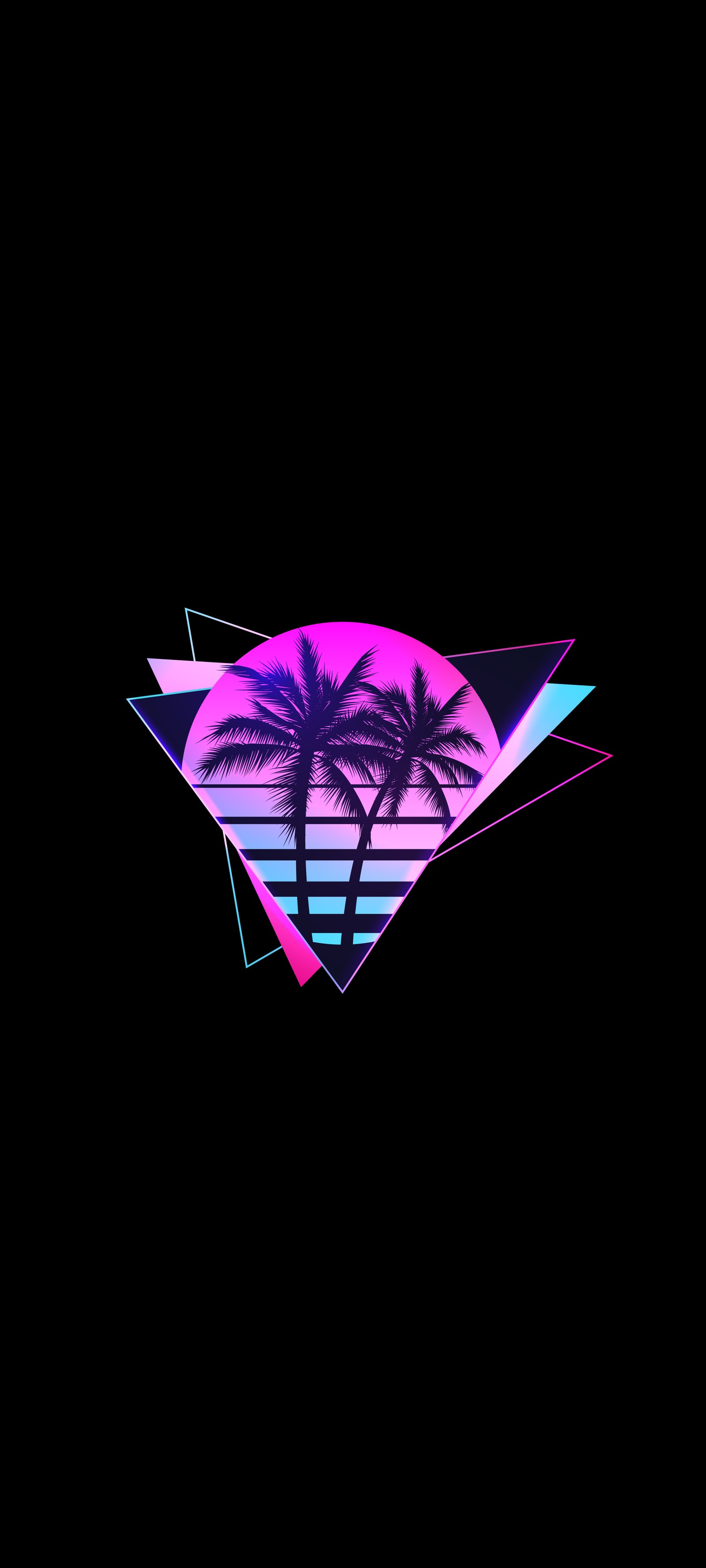 Gros plan d'un palmier néon sur un fond noir (triangle, synthwave, violet, magenta, symétrie)