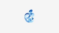 Stylized blue apple logo with fluid shapes on a light background.