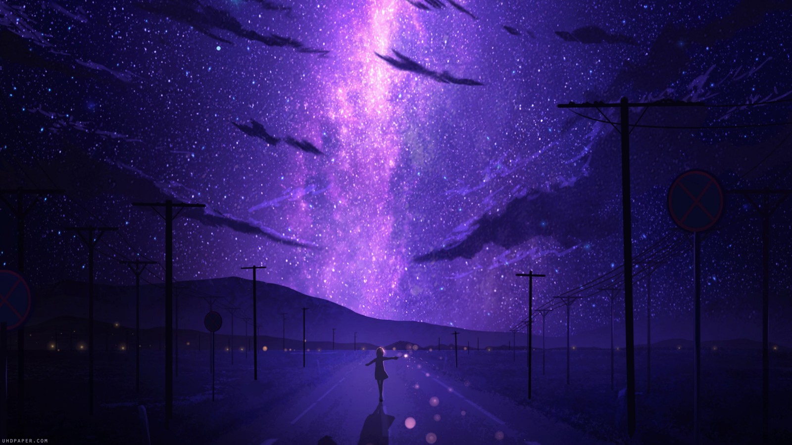 Anime, anime-kunst, nacht, straße, himmel, sterne, nachthimmel, straße (sternen, sterne, nacht, himmel, anime)