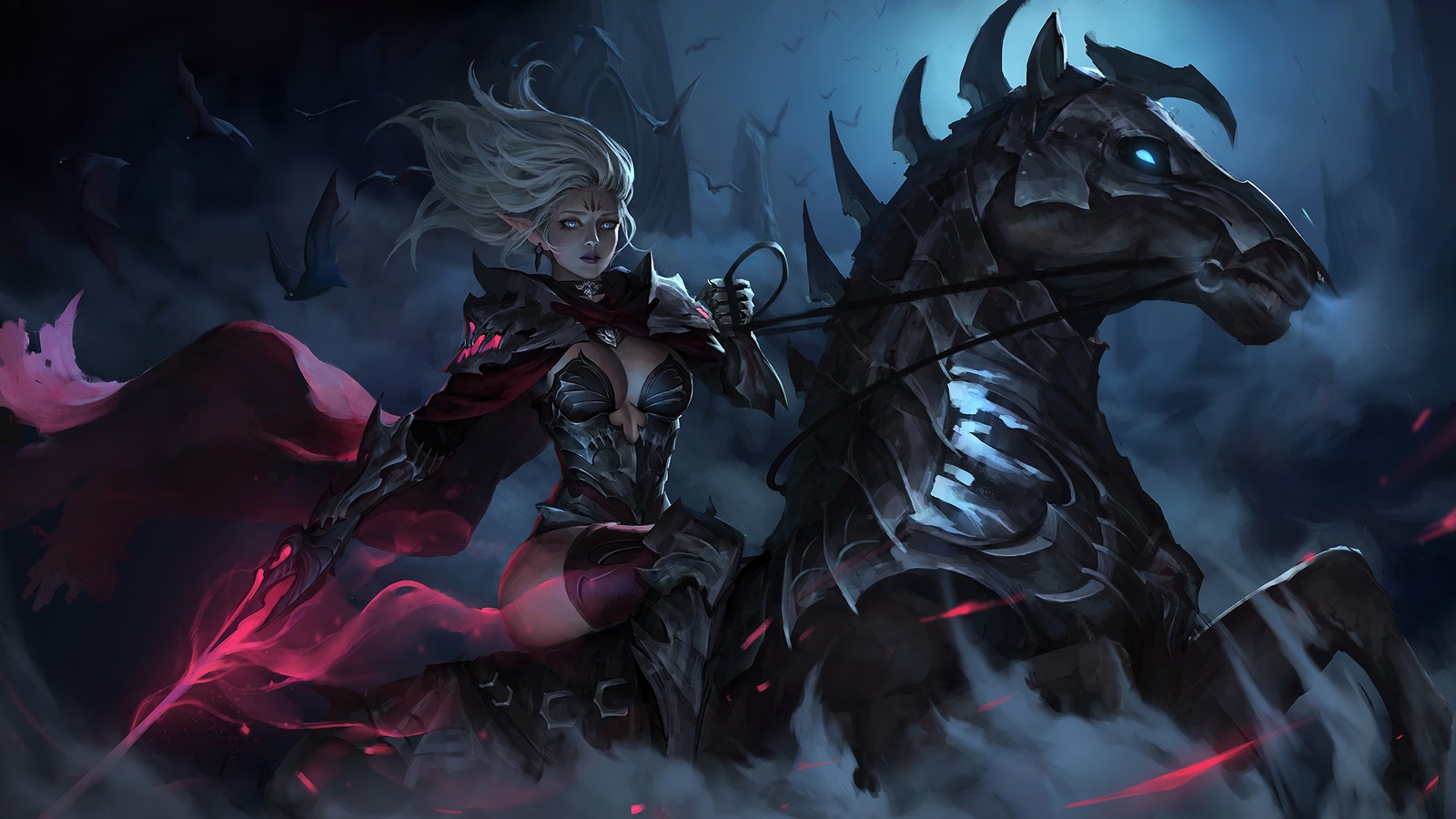 A woman riding a horse with a red cape on it (dark elf, warrior, horse)