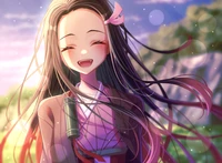 Nezuko Kamado souriante dans un paysage de coucher de soleil serein