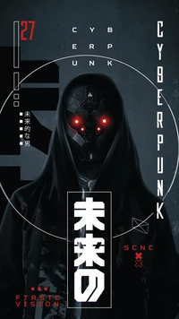 Póster de horror ciberpunk con una figura oscura con ojos rojos y elementos futuristas