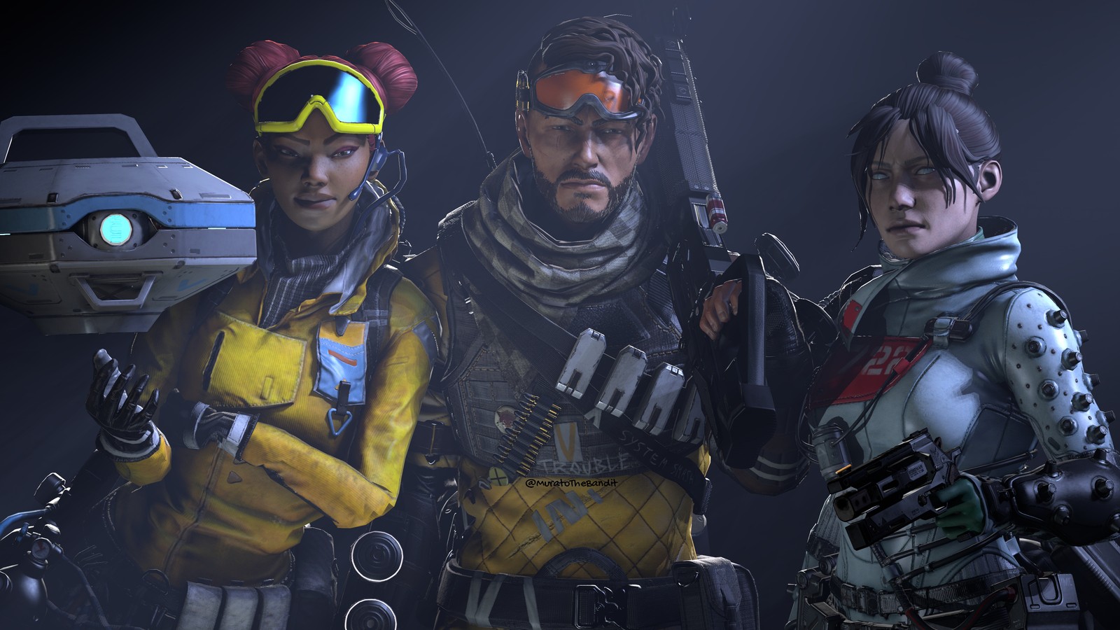 A group of people in futuristic clothing standing next to each other (apex legends, video game, wraith, lifeline, mirage)