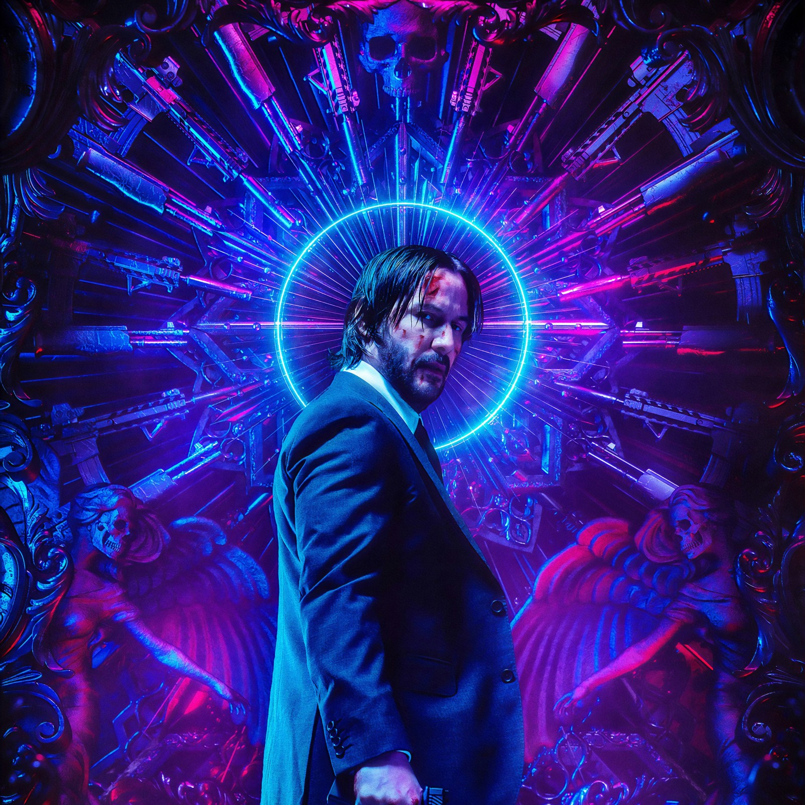 Imagen editada de un hombre en traje y corbata frente a una luz de neón (john wick chapter 3 parabellum, keanu reeves, 2019, películas, fondo de pantalla 4k)