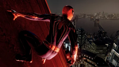 Spider-Man perché au-dessus d'un paysage urbain la nuit