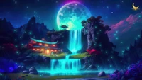 waterfall, moon, night, digital art, scenery wallpaper