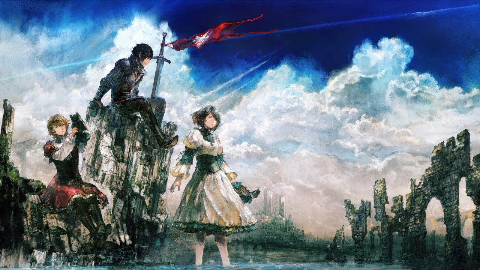 A painting of a group of people standing on top of a mountain (final fantasy 16, final fantasy xvi, video game, ff16, ffxvi)