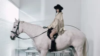 Eunchae of LE SSERAFIM embodies the "Dusty Amber" concept while elegantly posed on a white horse in a minimalist setting.