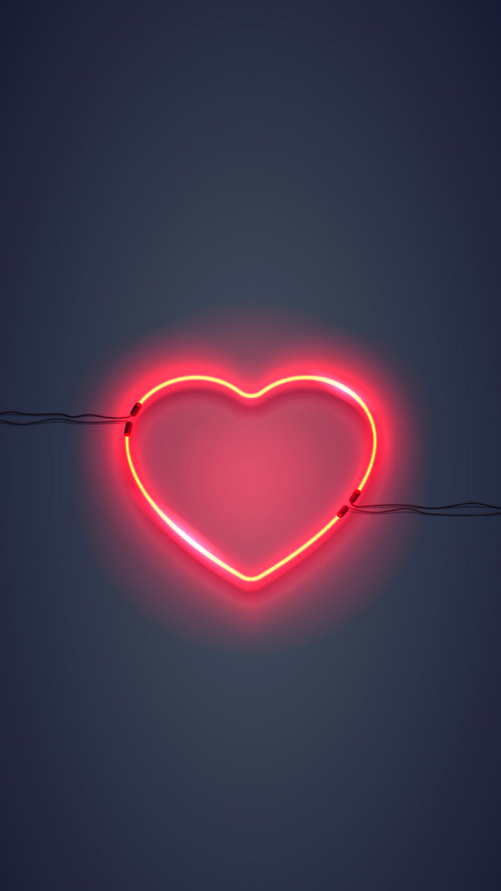 Neon heart sign on a wire against a dark blue sky (neon lighting, neon sign, neon, light, heart)