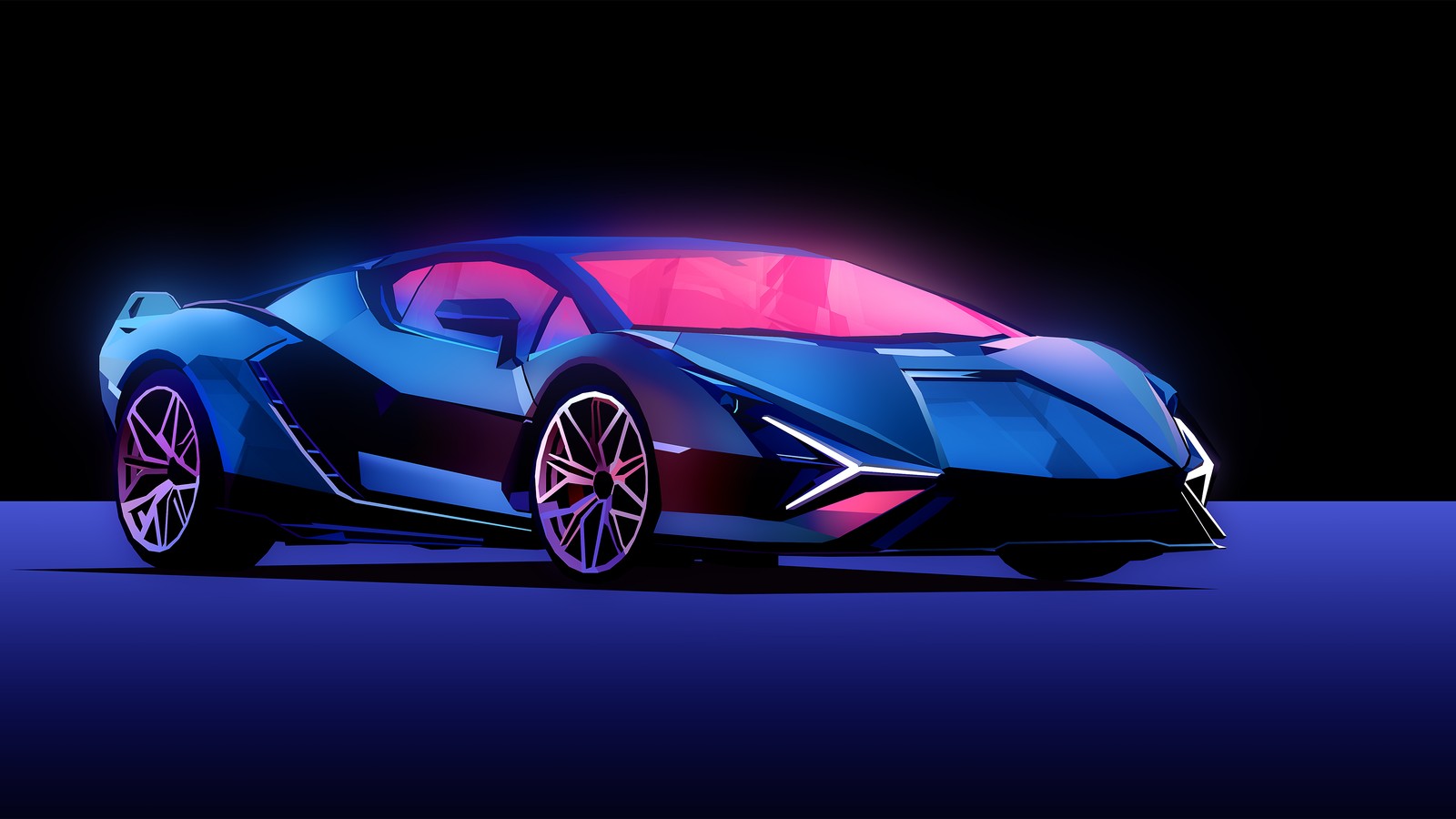 Un primer plano de un coche deportivo azul y rojo sobre un fondo negro (lamborghini sián fkp 37, neón, amoled, coches, fondo de pantalla 4k)