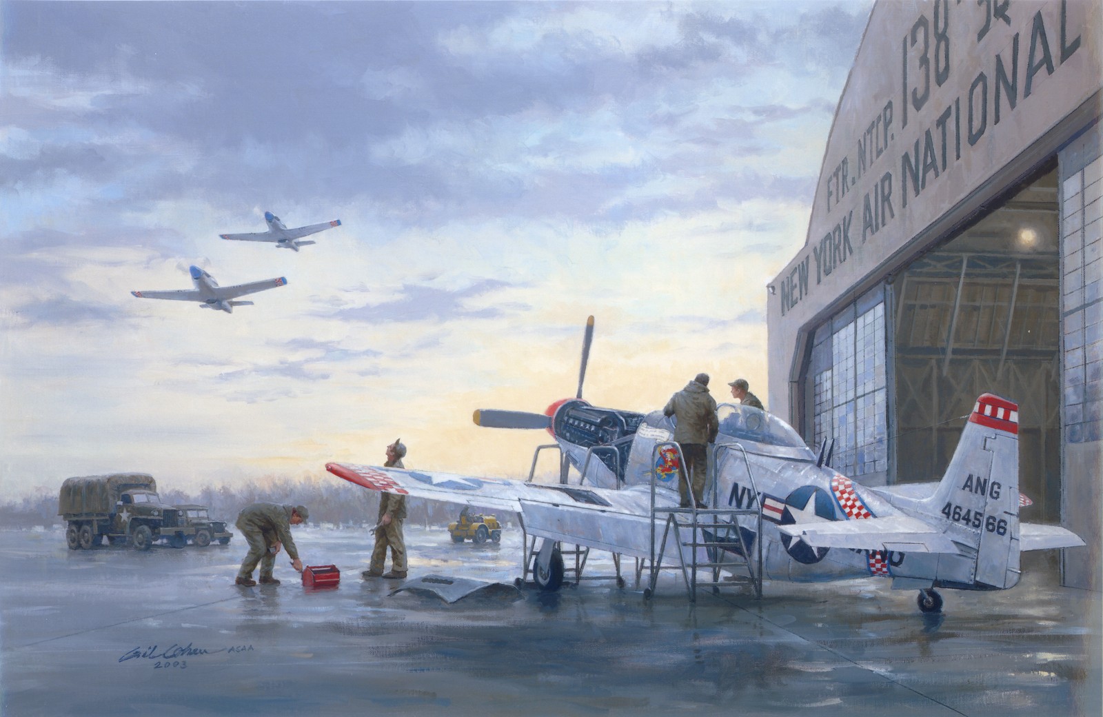 Pintura de un grupo de hombres de pie alrededor de un pequeño avión (aeronave, avión, segunda guerra mundial, aviación, vuelo)