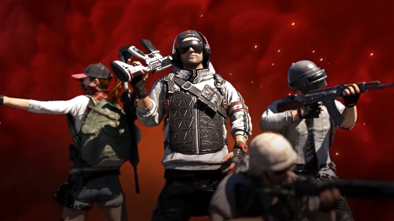 Un grupo de hombres con armas y cascos de pie frente a un fondo rojo (playerunknowns battlegrounds, videojuego, campeonato global, 2019)