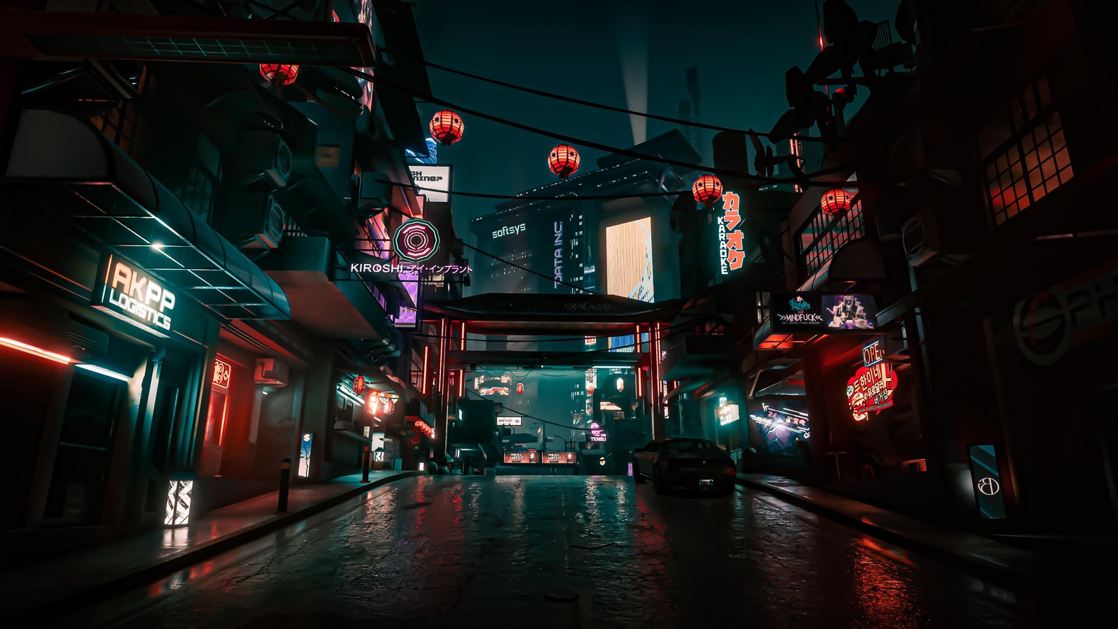 Una vista de una calle con letreros de neón y edificios de noche (cyberpunk 2077, iluminación automotriz, edificio, ventana, electricidad)