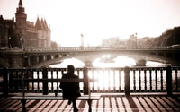 landmark, bridge, water, city, black and white