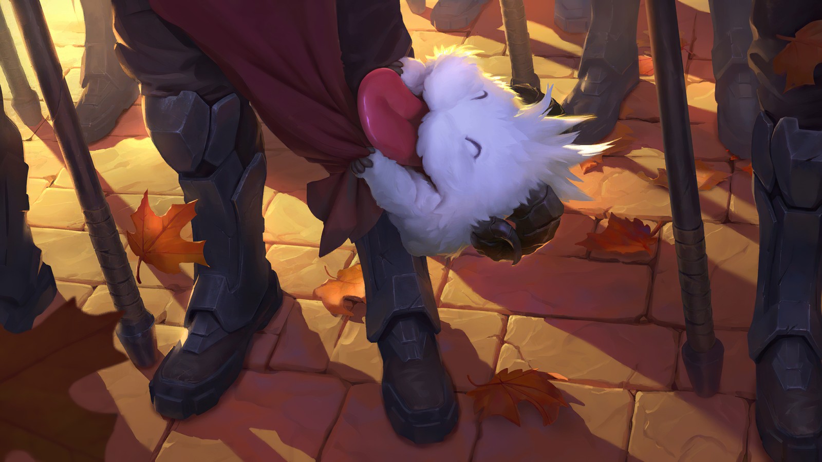 Há um gato branco com um coração vermelho na cabeça. (affectionate poro, poro, legends of runeterra, jogo de vídeo)