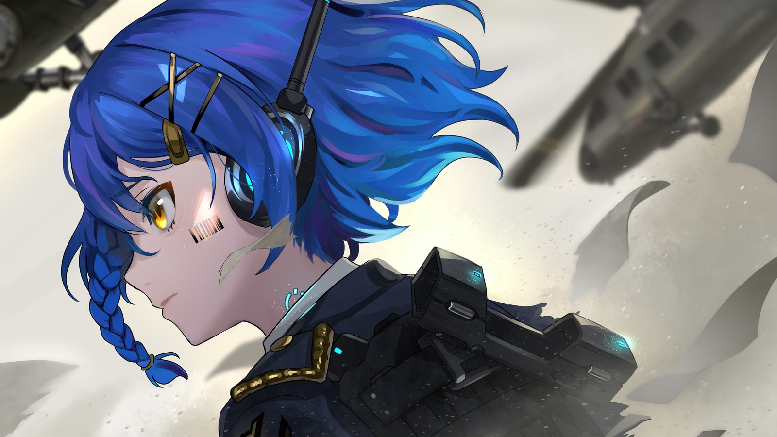 Fille anime avec des cheveux bleus et un pistolet à la main (filles danime, anime, android, cheveux bleus, cheveux courts)