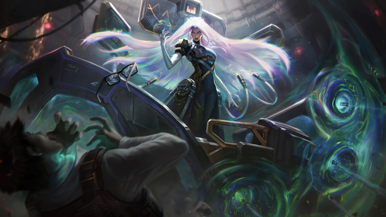 Une femme avec de longs cheveux blancs tenant une épée devant un bateau (psyops, sona, lol, league of legends, jeu vidéo)