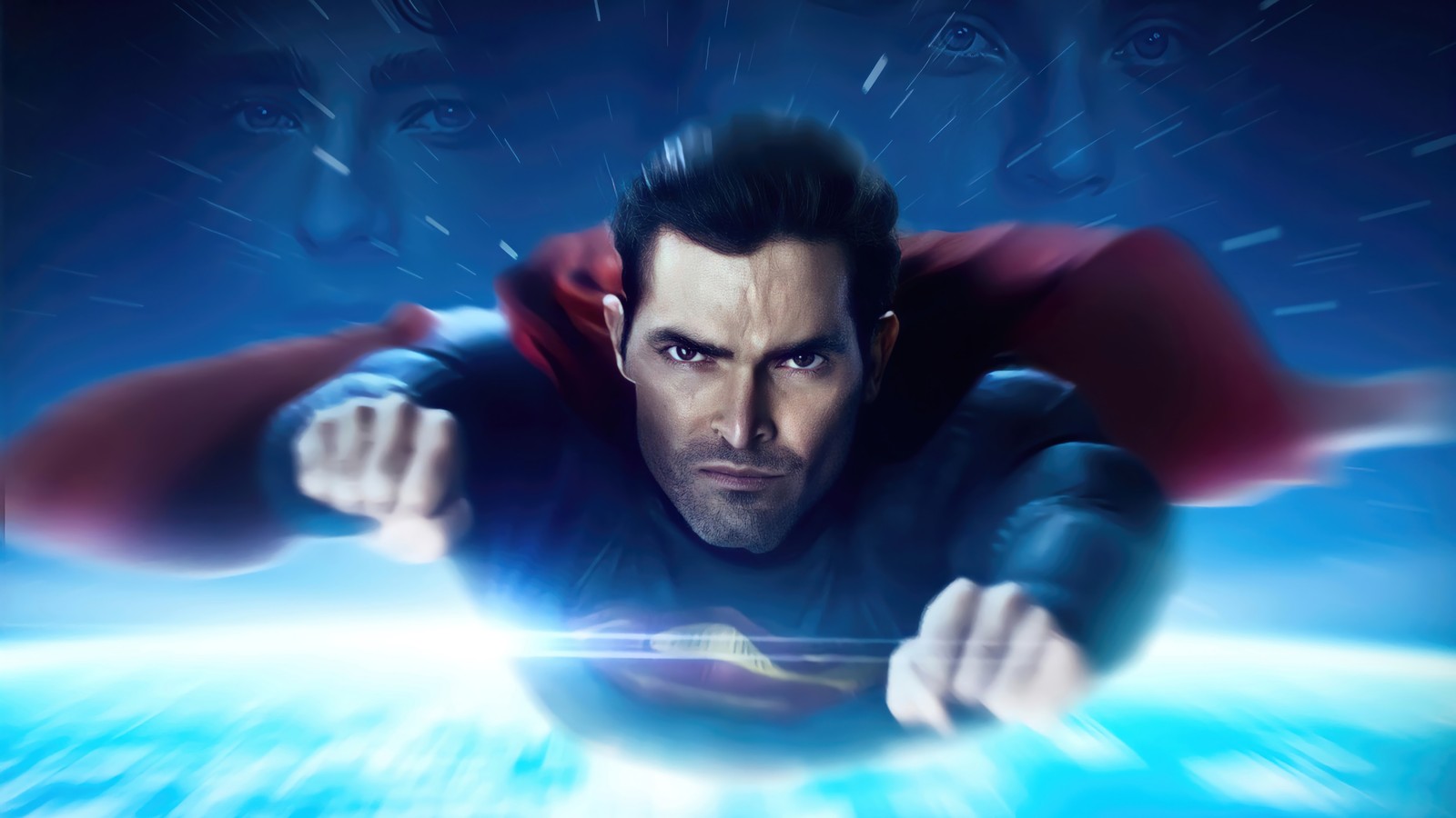 A man in a superman costume flying over a blue background (superman and lois, tv series, tyler hoechlin)