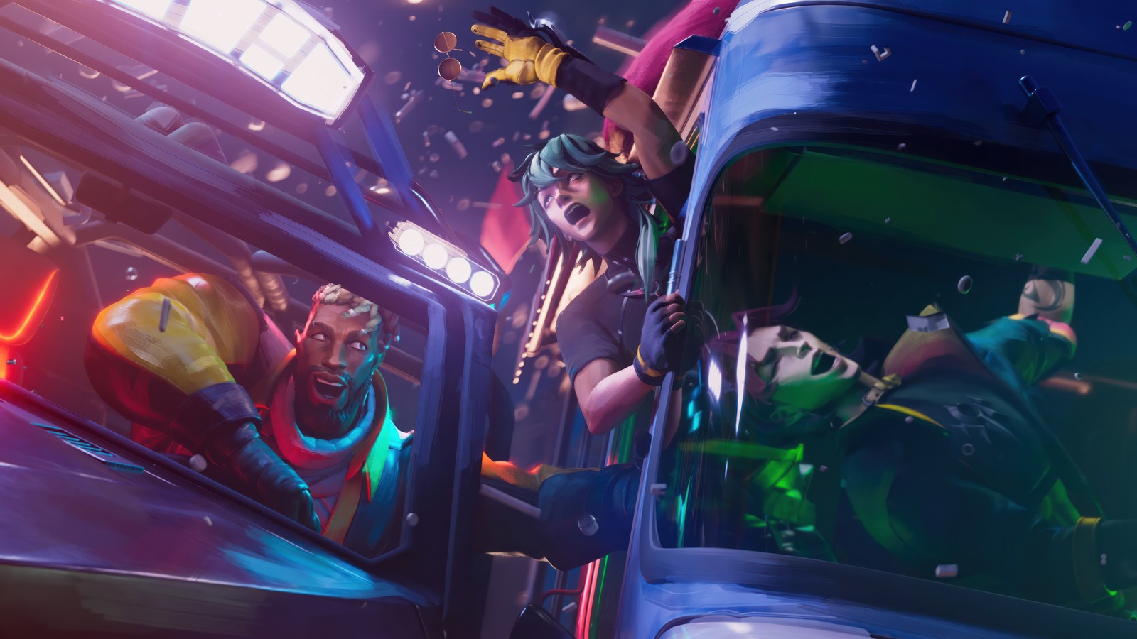 A close up of a group of people riding on top of a bus (heartsteel, paranoia, ksante, ezreal, kayn)