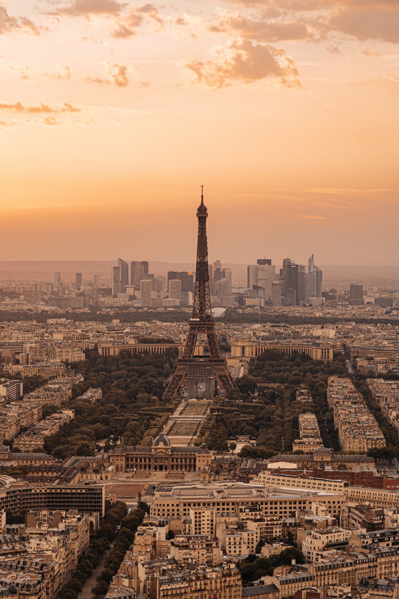 Вид сверху на город с башней и множеством зданий (париж, paris, эйфелева башня, музей лувр, триумфальная арка)