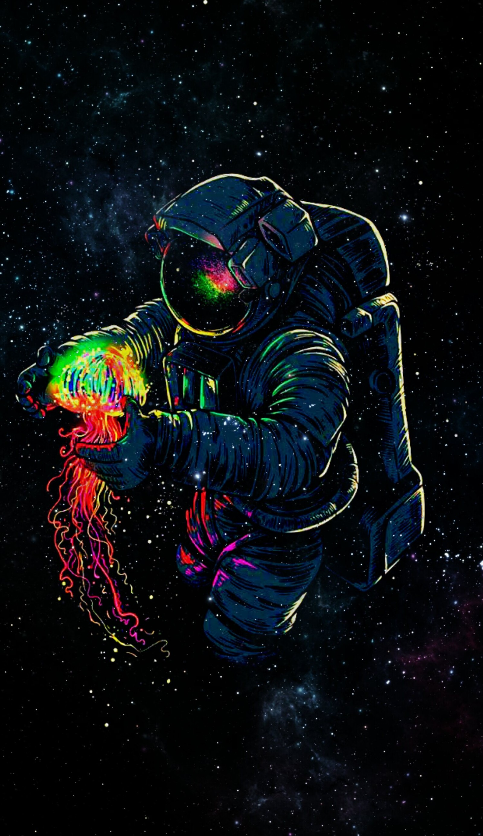 A close up of a person in a space suit holding a jelly (galaxy, space, star)