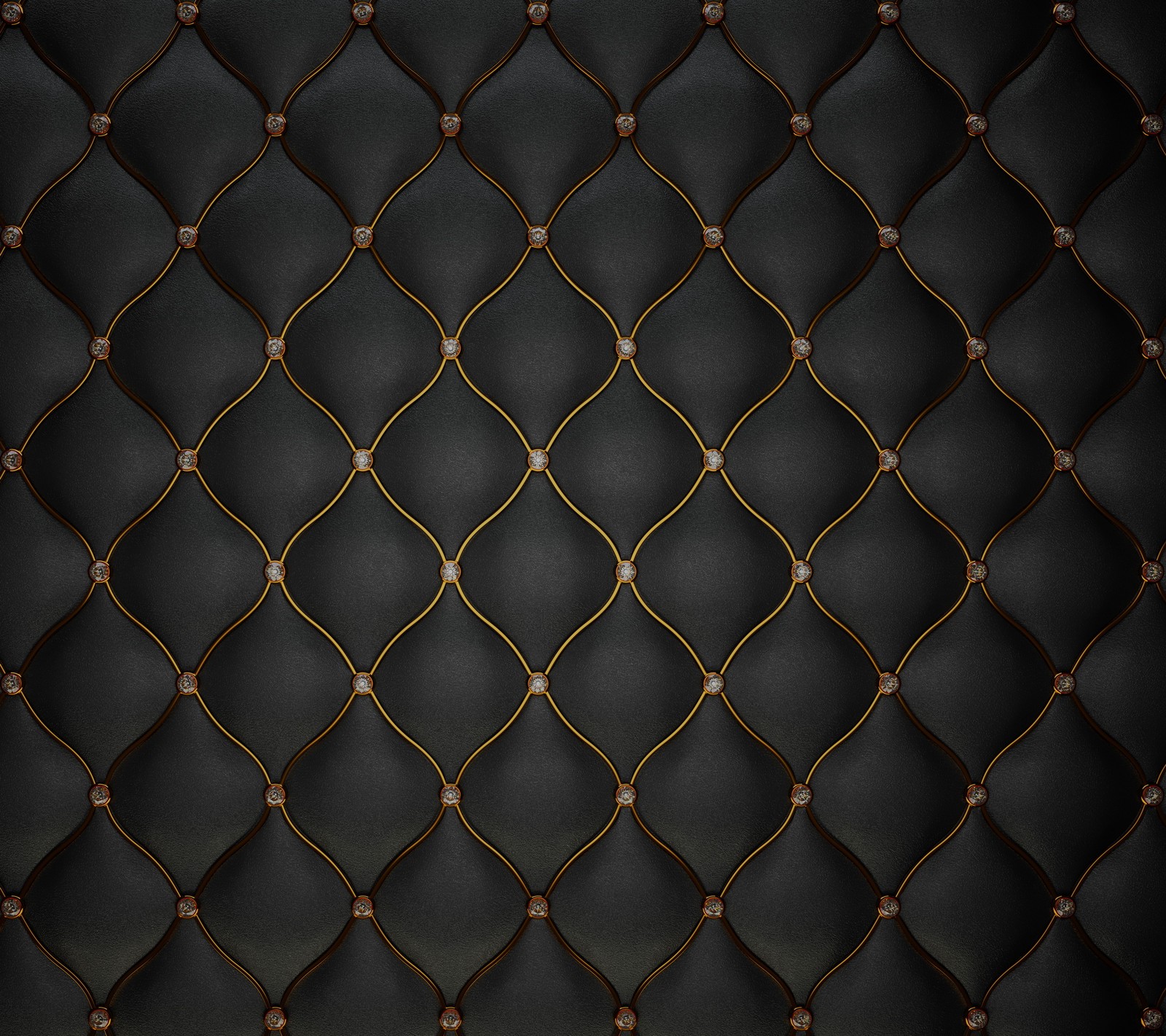 A close up of a black leather wall with a diamond pattern (abstract, black, fabric, gold, leather)