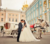 bride, carriage, couple, wedding wallpaper