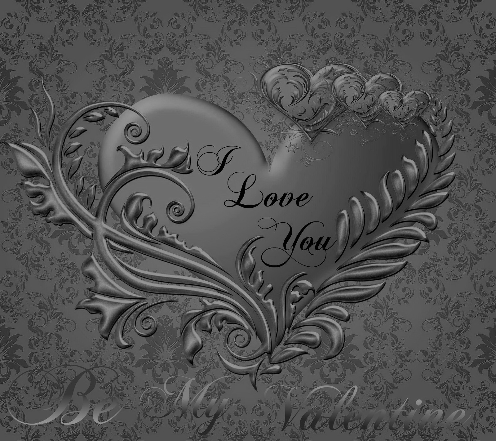 A close up of a heart with a floral design on a wall (heart grey background, love, valentine)