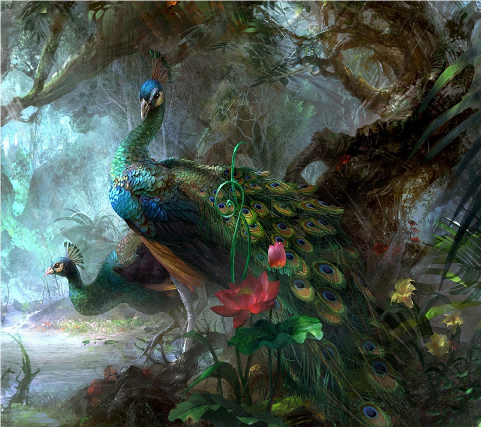 Painting of a peacock in a forest with a pond and flowers (peacock, walls)