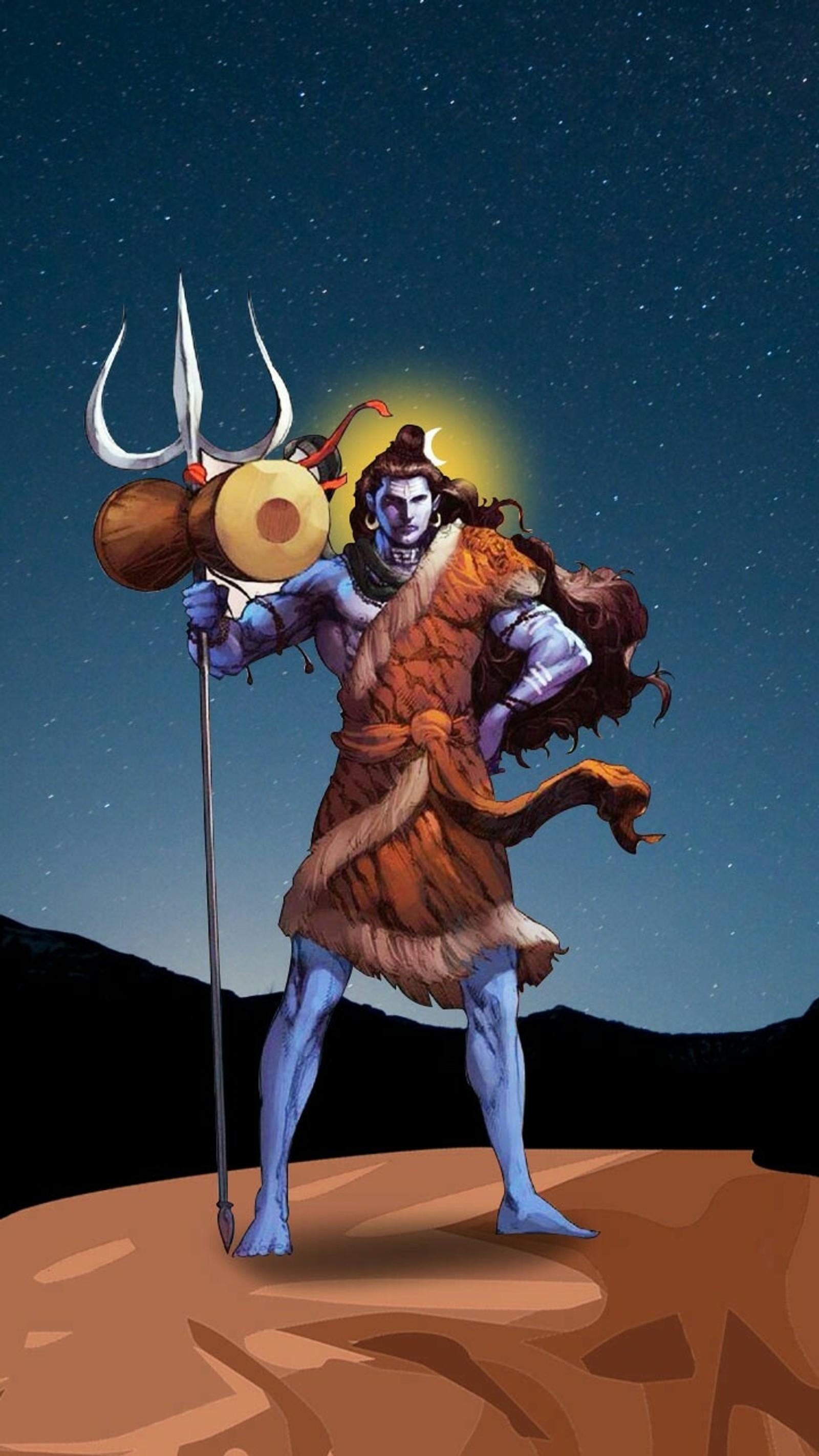 Un dibujo animado de un hombre con cabeza de cuernos sosteniendo una lanza y un escudo (señor shiva mahadev, lord shiva mahadev, mahadev)