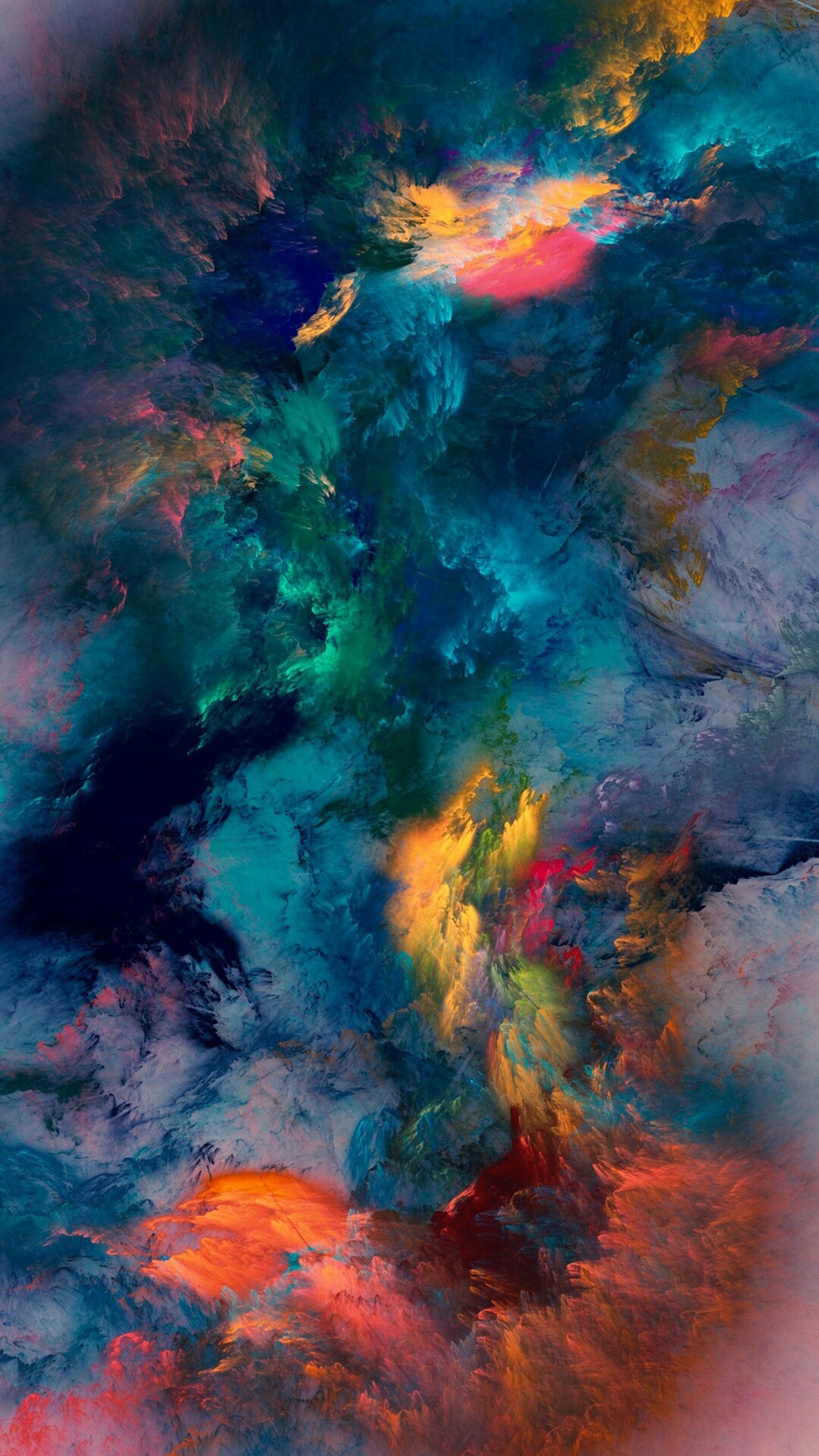 Abstract painting of a colorful cloud filled sky with a plane flying by (colorful, colors)