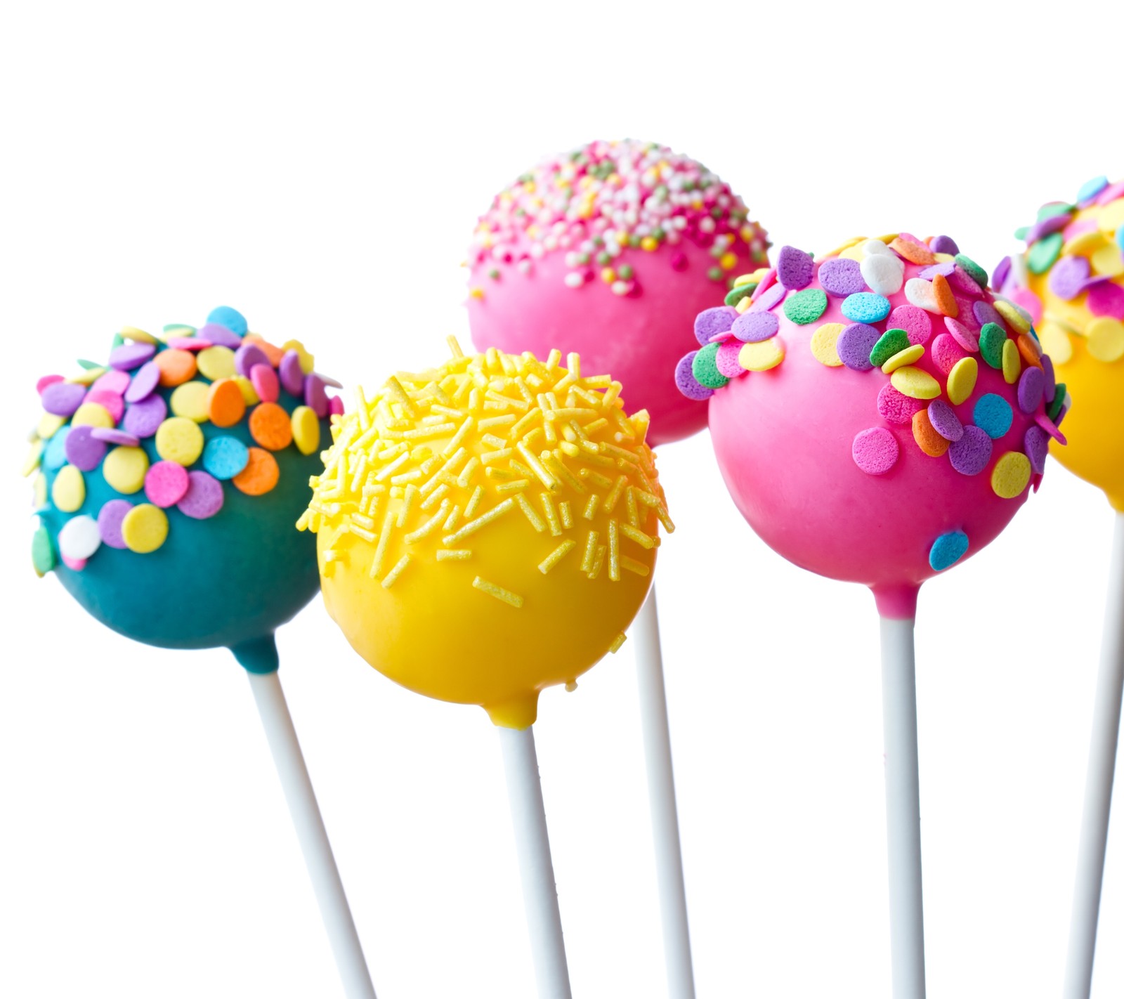 There are a bunch of cake pops with sprinkles on them (3d, candy, color, colour, lollipop)