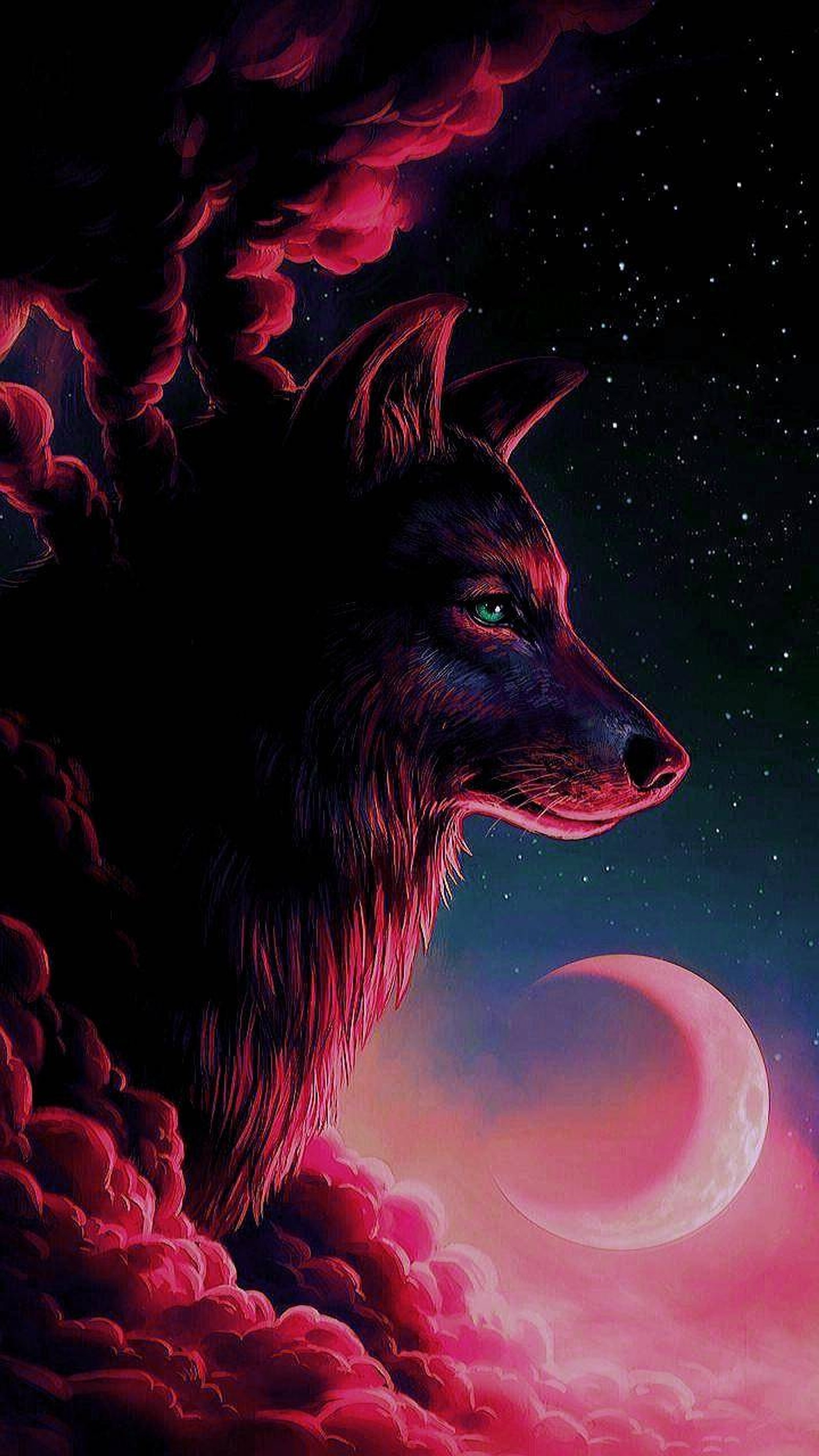 Lobo en las nubes con una luna llena al fondo (lobo, luna, lobos, negro, azul)