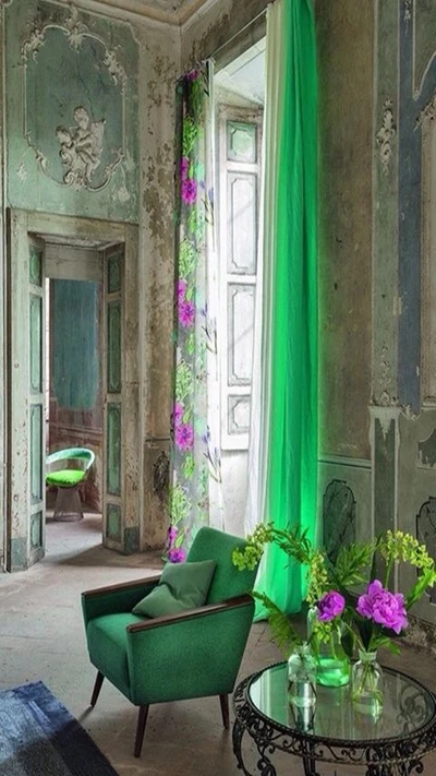 Charming Romantic Room with Lush Green Accents and Floral Drapery