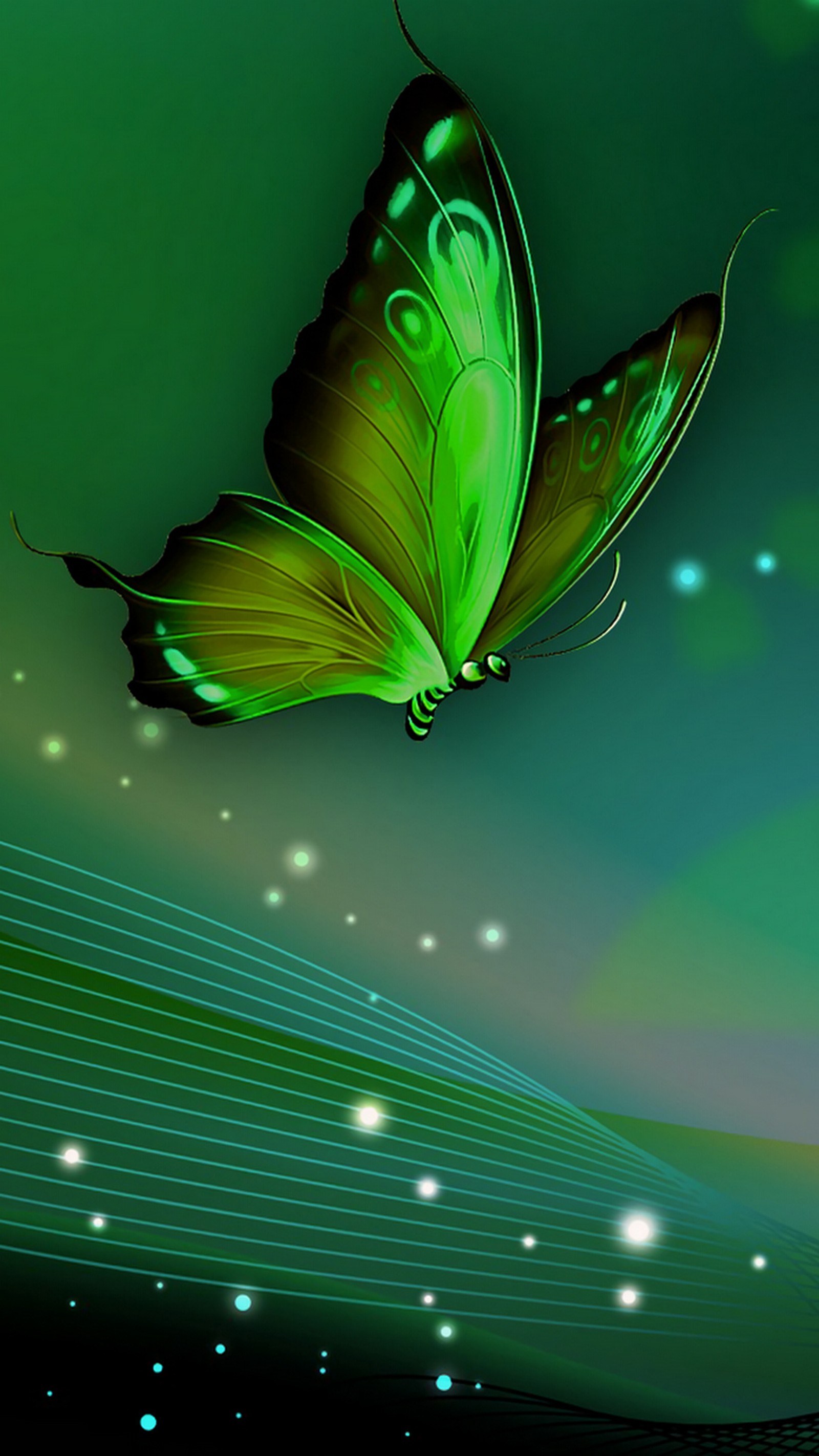 There is a green butterfly flying over a green background (glitter, butterfly, green, art)