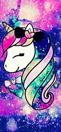 Unicornio colorido con un peinado caprichoso y lazos, contra un fondo de galaxia vibrante.