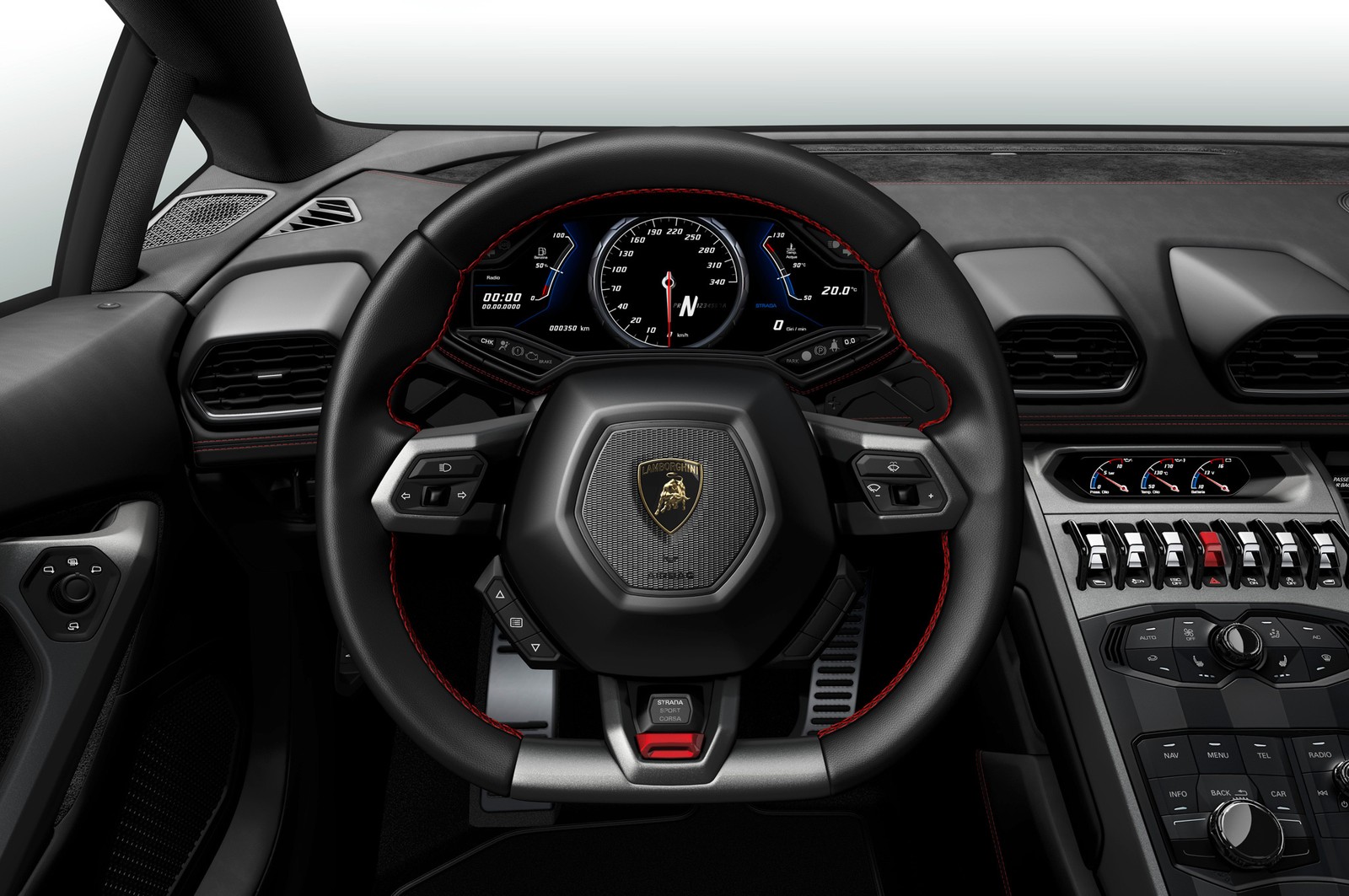 O interior de um lamborghini com um volante e painel de instrumentos (2017, huracan, lamborghini)