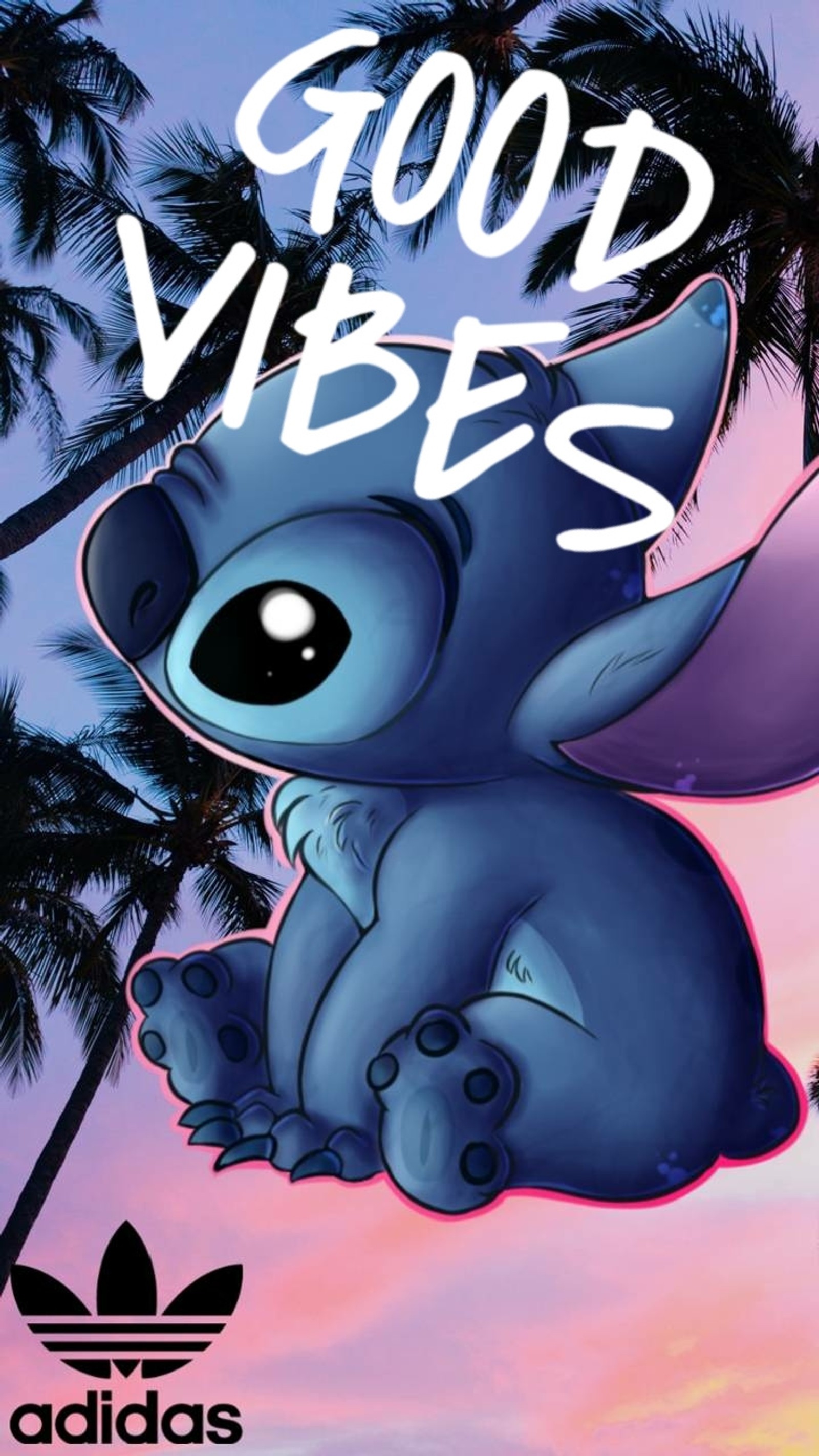 Um personagem de desenho animado com uma palmeira e as palavras "boas vibrações" (disney, lilo e stitch, linha)