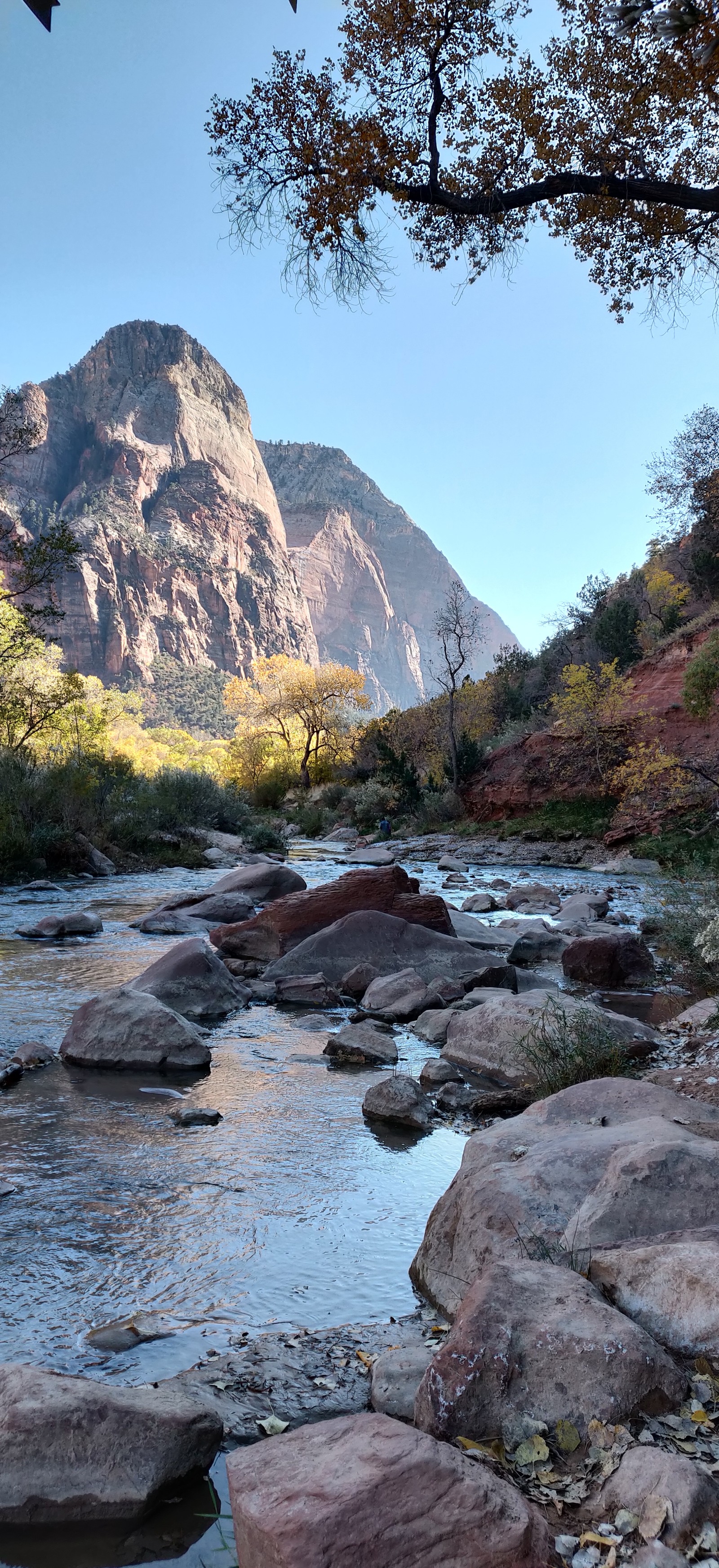 There is a river running through a rocky valley with a mountain in the background (view, nature)