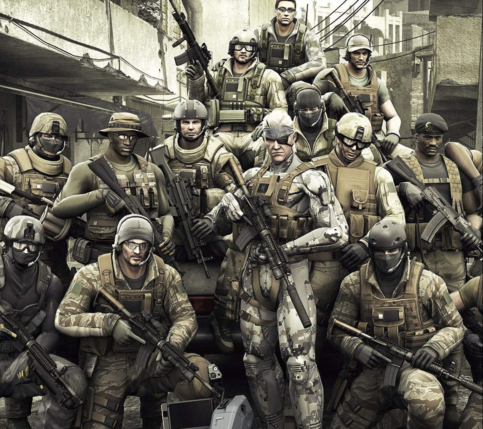 Des soldats posant pour une photo de groupe dans une rue de la ville (hideo kojima, konami, mgs, ps3, solid snake)