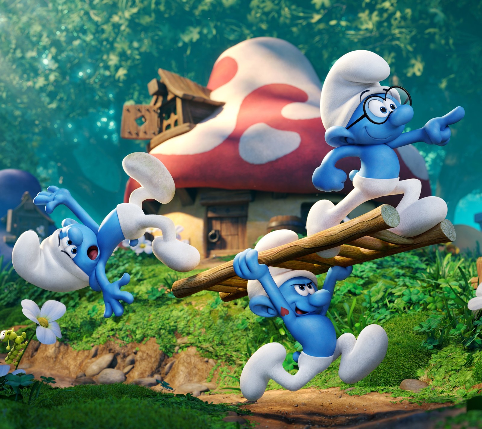 Há muitos smurfs correndo pelo campo (azul, os smurfs, aldeia, branco)