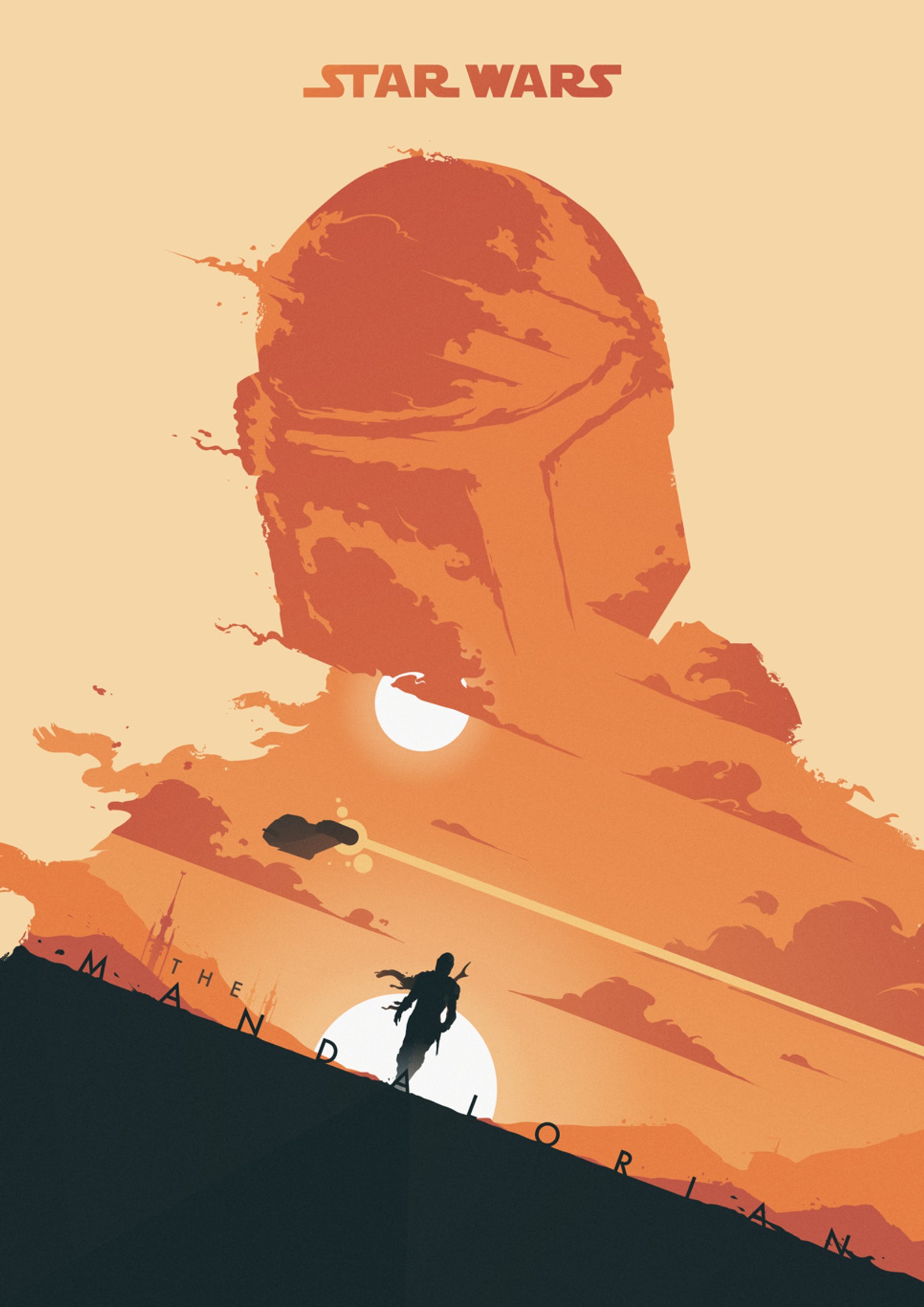 A poster of a man riding a horse on a hill (bounty hunter, mandalorian, razorcrest, star wars, tatooine)