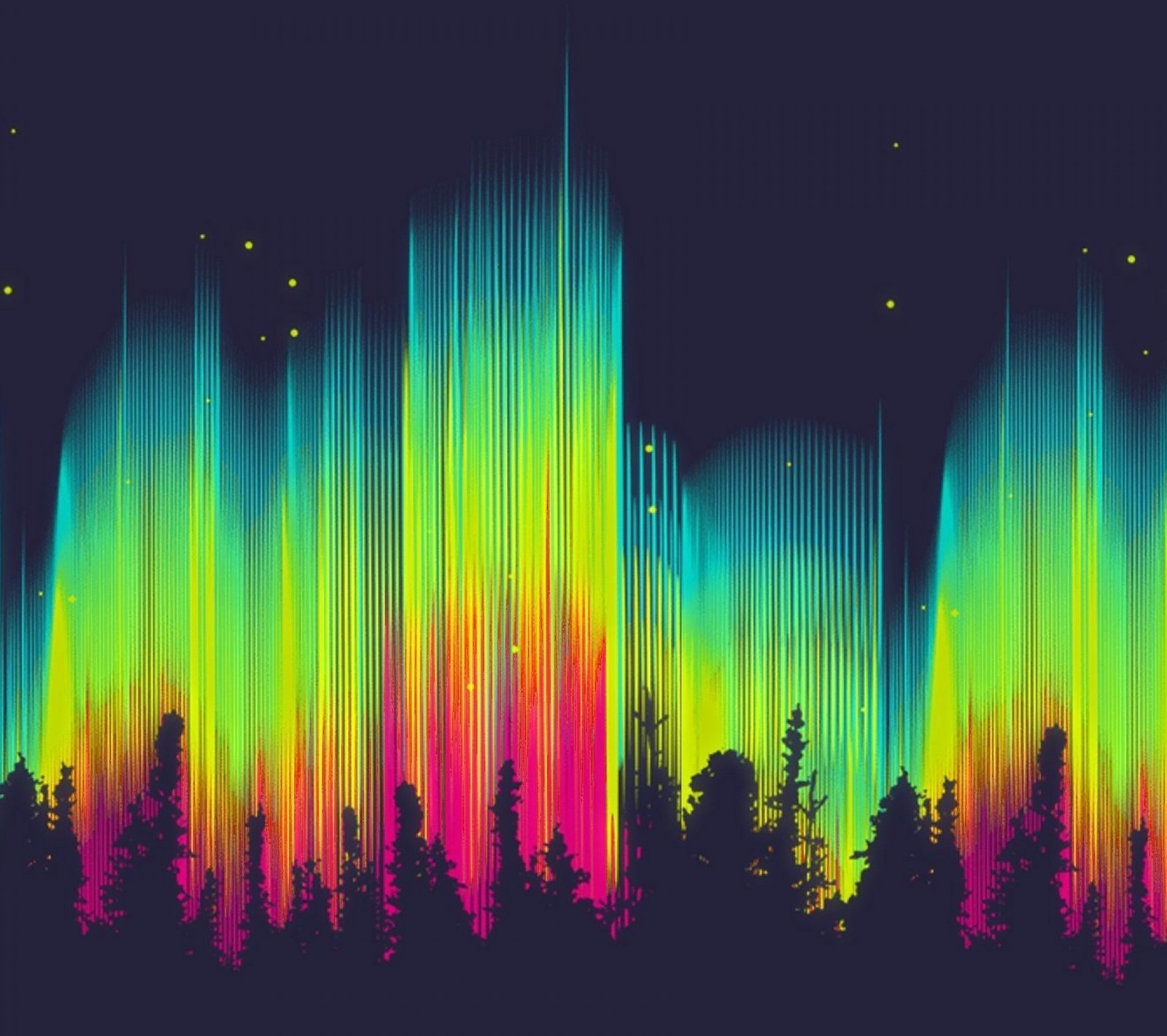 A colorful aurora bore with trees and stars in the background (bright, color)