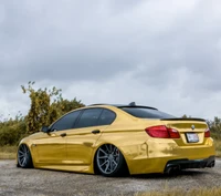 Sleek Gold BMW with Custom Wheels in a Scenic Setting