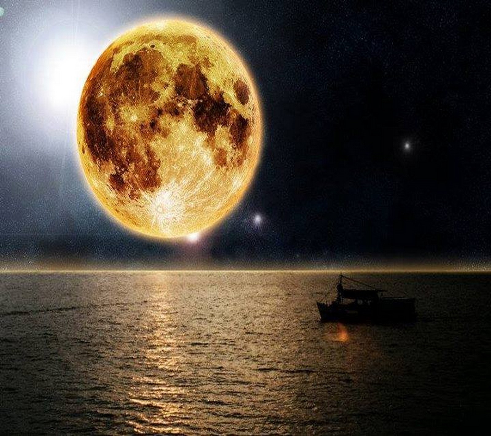 Imagem de um barco árabe no oceano com uma lua cheia ao fundo (incrível, hd, lua, noite, mar)