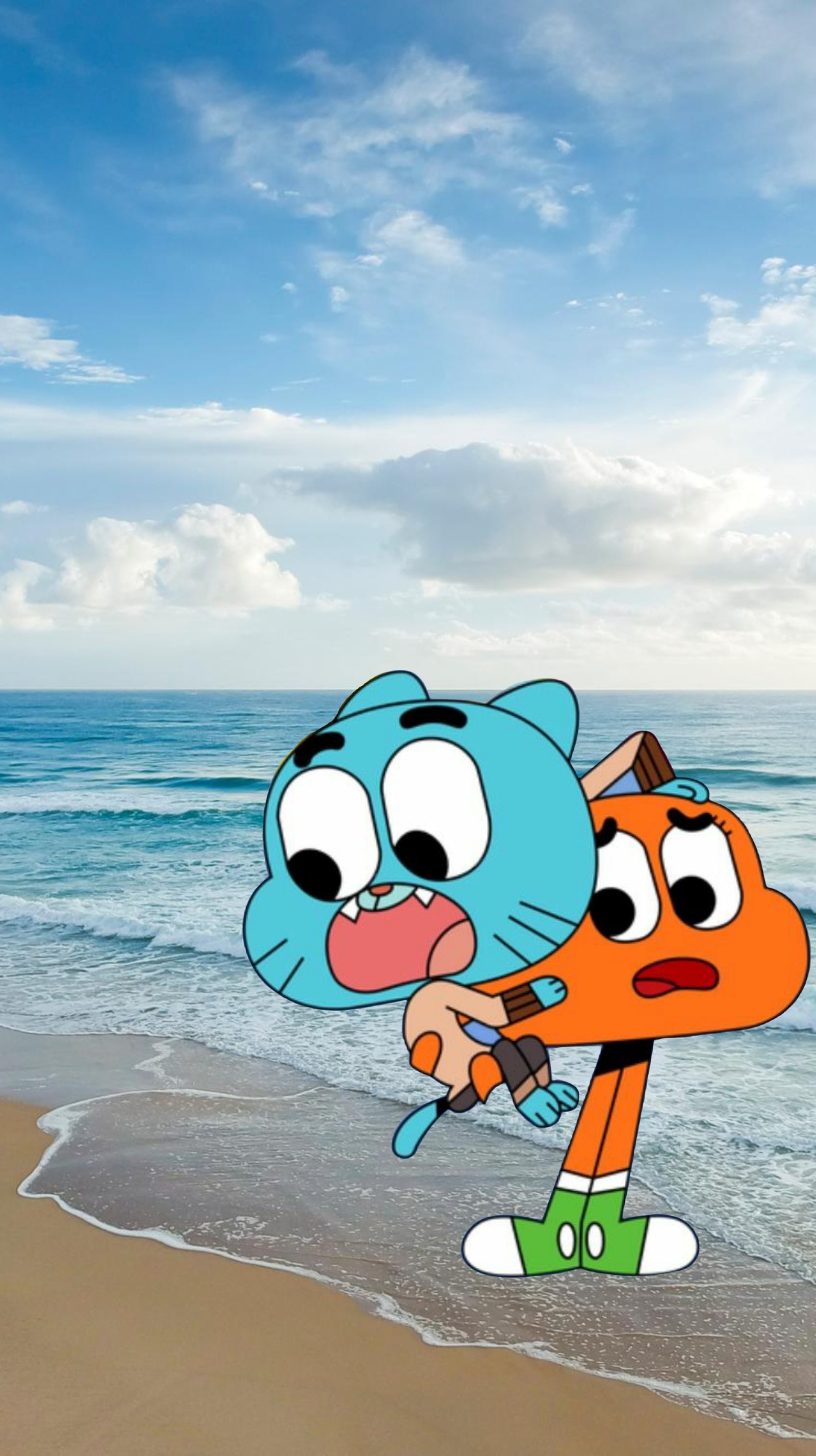 Personagens de cartoon na praia com um céu azul e oceano ao fundo (praia, mar)