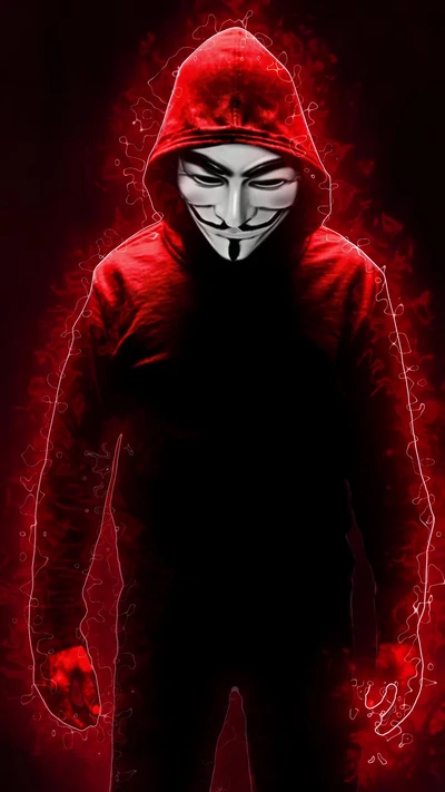 Figure ombragée en rouge avec un masque de Guy Fawkes