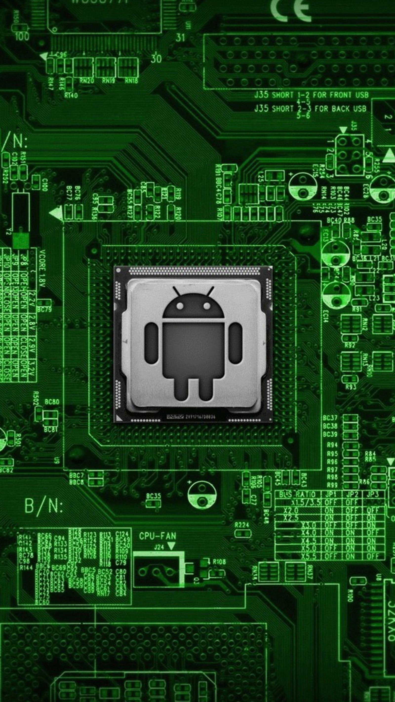 A close up of a green circuit board with a small android on it (3d, android, board, green, hd)